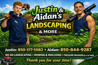Promotional image for Justin and Aidans Landscaping business featuring two men holding equipment with contact numbers and services listed