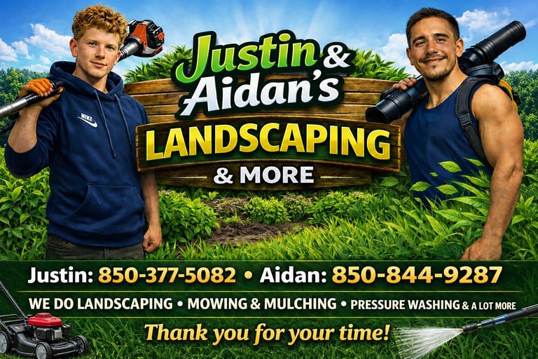 Promotional flyer for Justin and Aidans Landscaping & More featuring two men with landscaping equipment and contact information