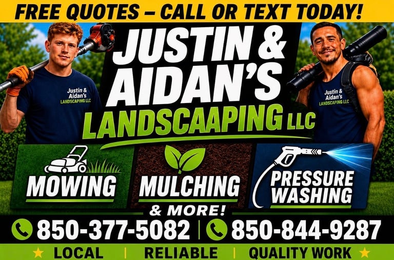 Advertisement for Justin and Aidans Landscaping LLC featuring two men, offering mowing, mulching, and pressure washing services with contact phone numbers