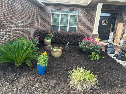 Front entrance landscaping with flowering shrubs, ornamental grasses, and potted plants against a brick home facade